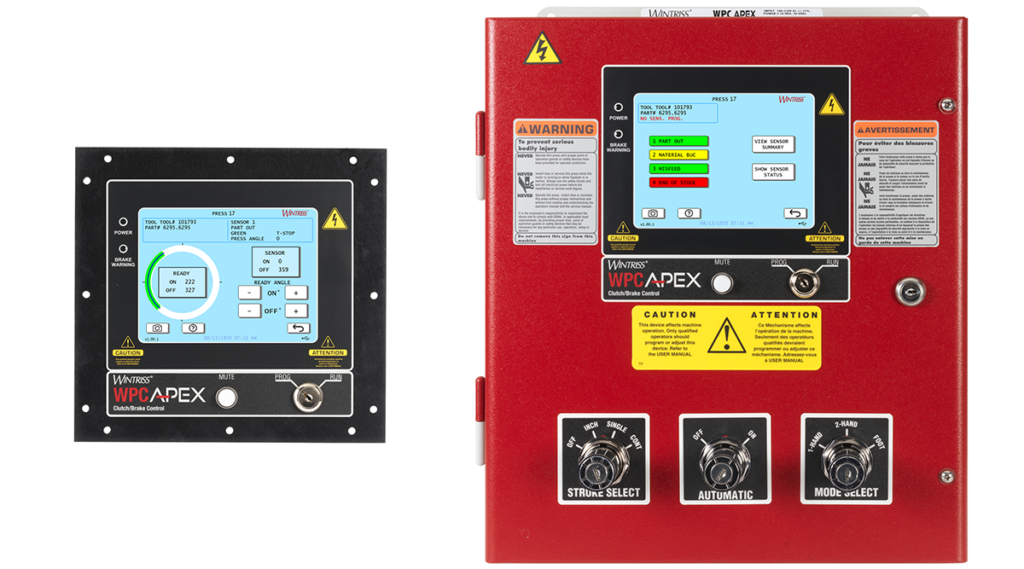Two industrial control panels: a black square unit with a touchscreen on the left and a red Wintriss WPC Apex control panel with a touchscreen and three mode switches on the right.